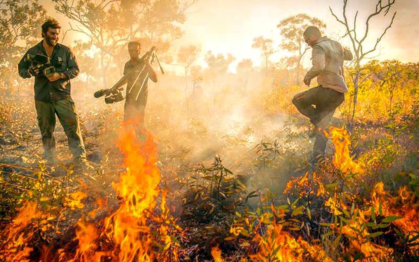 Three crew filming in the middle of a controlled burn